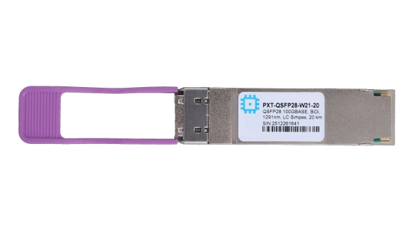 QSFP28 moduli, 100GBASE, BiDi, 1291 nm, LC Simplex, uzatish masofasi 20 km gacha.
