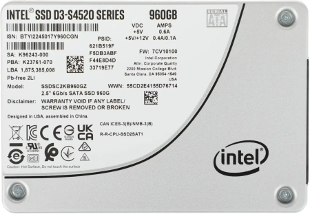Накопитель SSD Intel D3-S4520 Series, 1.92TB, SATA 6Gb/s, 3D4 TLC, 2,5"