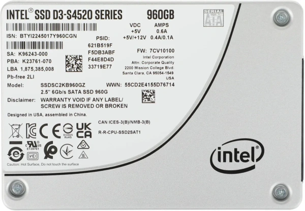 Накопитель SSD Intel D3-S4520 Series, 1.92TB, SATA 6Gb/s, 3D4 TLC, 2,5"